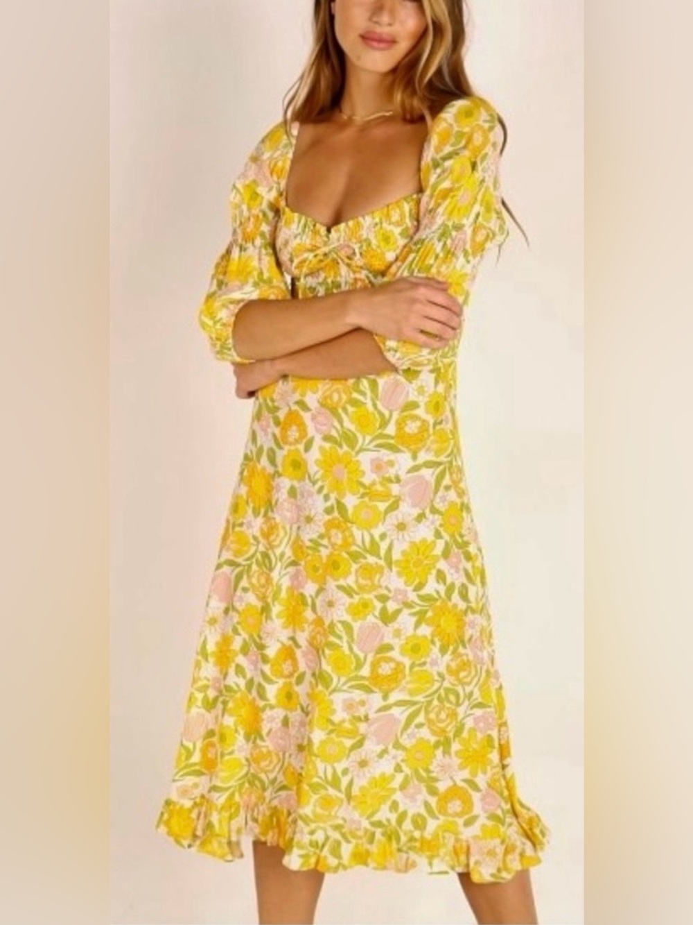 Faithfull the Brand Nora Floral Yellow Puff-Sleeve Midi Dress in Jolene print